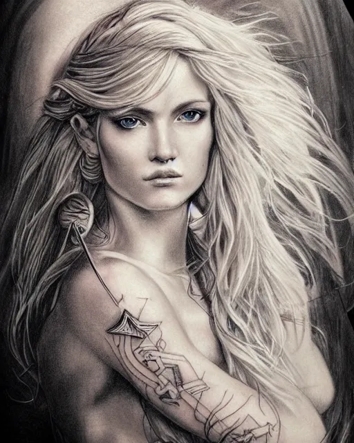 Image similar to tattoo sketch of beautiful greek goddess aphrodite, bow and arrow, beautiful piercing eyes, flowing blonde hair, realistic face, hyper realistic, in the style of greg rutkowski, fantasy, amazing detail, epic, intricate, elegant, smooth, sharp focus