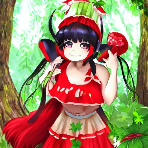 Image similar to a painttoolsai of reimu in the jungle wearing bonnet