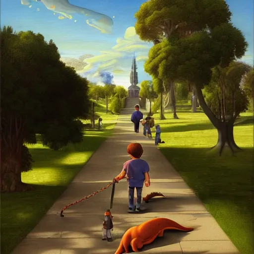 Image similar to a kid at the park walking a dinosaur with a leash, renaissance oil painting by George Lucas and Jarosław Jaśnikowski and Dan Mumford