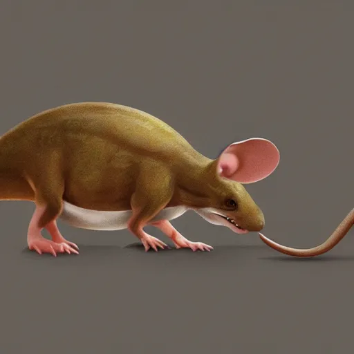 Image similar to dinosaur mouse eating cheese, photo realistic concept art