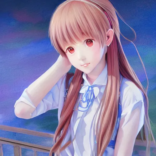 Image similar to dynamic composition, motion, ultra-detailed, incredibly detailed, a lot of details, amazing fine details and brush strokes, gentle palette, smooth, HD semirealistic anime CG concept art digital painting, watercolor oil painting of a young J-Pop idol schoolgirl, by a Japanese artist at ArtStation. Realistic artwork of a Japanese videogame, soft and harmonic colors.