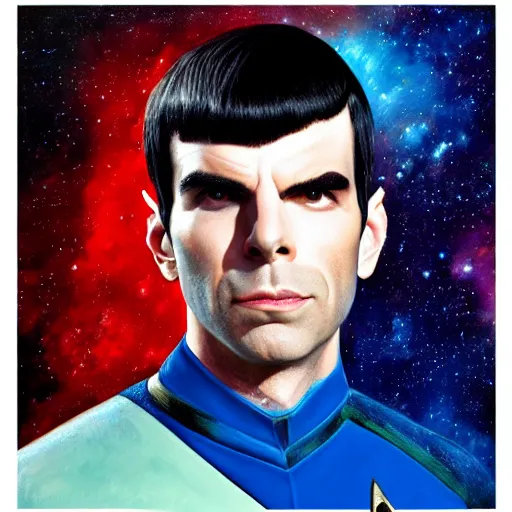 Prompt: : aesthetic portrait commission of very attractive ZACHARY QUINTO SPOCK + FUTURISTIC + wearing BLUE star trek suit + HYPERDETAILED + 2022 award winning painting + KRITA PAINTER + UPSCALED