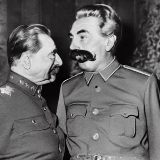 Prompt: a secret meeting between stalin and barney the dinosaur