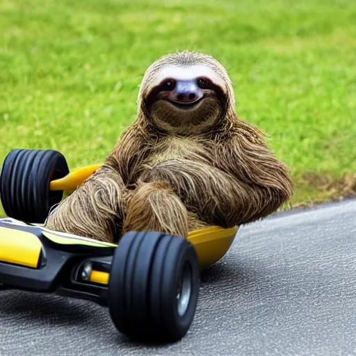 Image similar to photo of A sloth in a go kart on a race track. The sloth is holding a banana