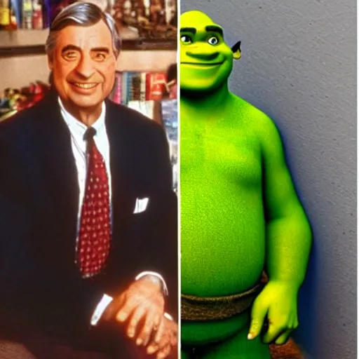 Prompt: shrek combined with both mr rogers and the rock