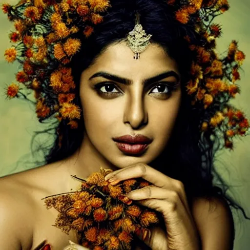 Image similar to fine art photo of the beauty goddess priyanka chopra, she has a crown of dried flowers, by oleg oprisco