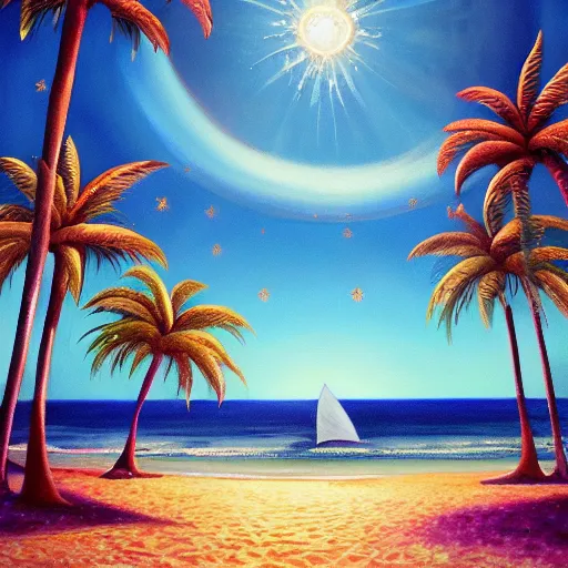 Prompt: a ultradetailed beautiful painting of amazonas beach by maisie maikiosviski, major arcana mason sparkles sky, dougherty patrick, trending on artstation, mediterranean, palm trees, light sparkles, major arcana sky, sharp focus, soft light