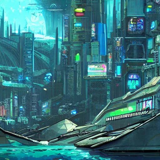 Image similar to Cyberpunk Atlantis, digital art