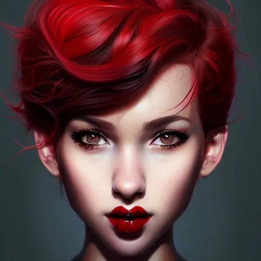 Image similar to a realistic illustration portrait of a beautiful cute girl with curly black and red hair, a pointy nose and, round chin black eyeliner, trending on artstation, hyper - realistic lighting, intricate, ross tran