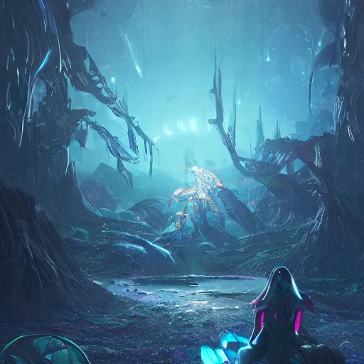 Image similar to ultra realistic illustration of cyber fairy, song hye - kyo, alien homeworld, swamps, advanced technology, warframe, special effects, colorful lights, space ship in the distance, intricate, highly detailed, digital painting, artstation, concept art, smooth, sharp focus, illustration, art by artgerm and tim mcburnie and anato finnstark