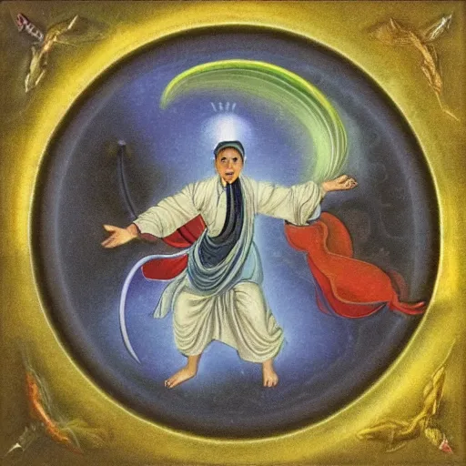 Prompt: an enlightened ancient taoist immortal flying on a cloud made of microscopic silicon chips, surrealism, enlightened, quantum state, wuji