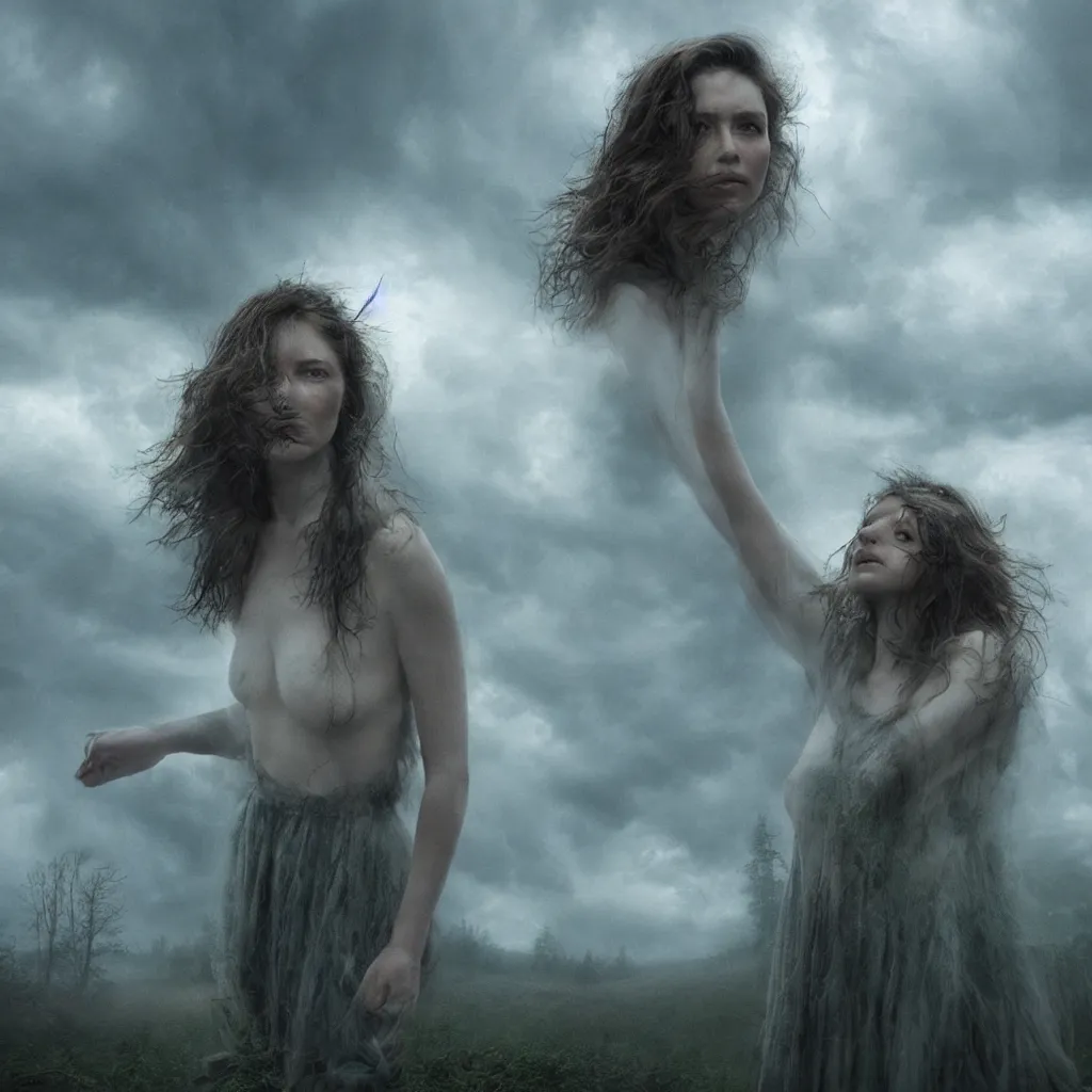 Image similar to head and shoulders cinematic portrait of a forest witch against a stormy sky,, artgerm, gregory crewdson, hyperreal