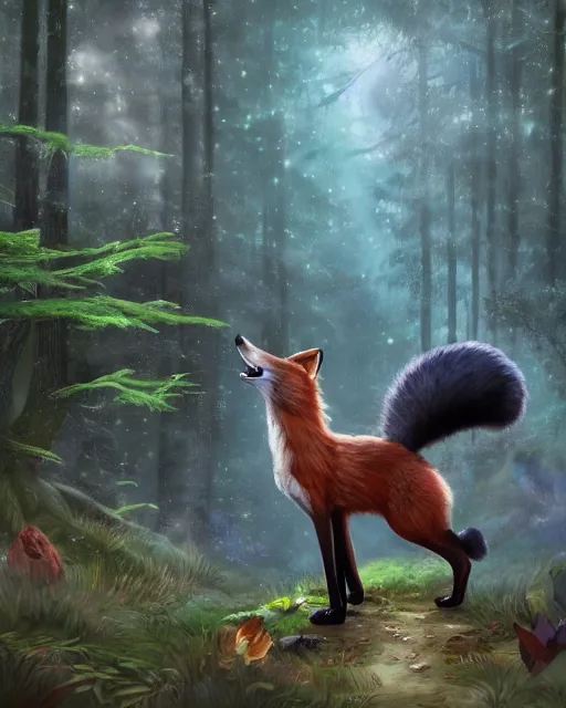 Prompt: Fox, Anthropomorphized, singing in forest, portrait, wearing hat, magical notes, fairy atmosphere, magic the gathering artwork, D&D, fantasy, cinematic lighting, centered, symmetrical, highly detailed, digital painting, artstation, concept art, smooth, sharp focus, illustration, volumetric lighting, epic Composition, 8k, art by Akihiko Yoshida and Greg Rutkowski and Craig Mullins, oil painting, cgsociety