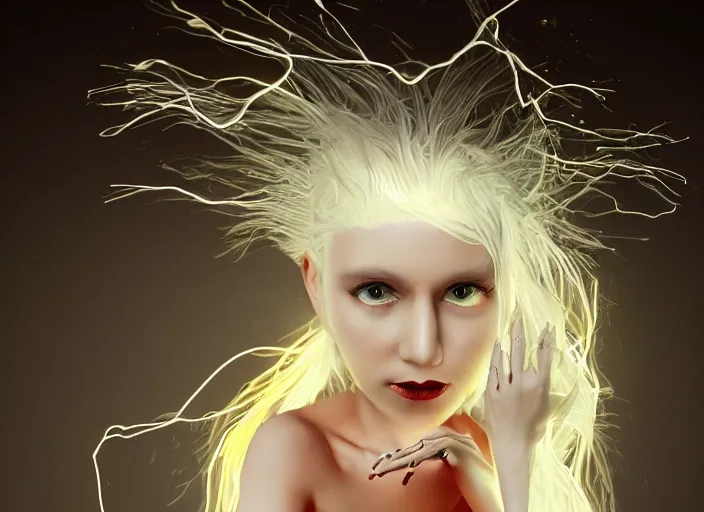 Prompt: girl with silk glowing white hair showing her hands with glowing puppeteer stings coming out of it, concept digital art trending on artstation oilpaint centric layout symmetric black background