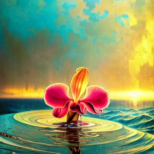 Image similar to detailed giant orchid flower surrounded by ocean wave, lsd water, lsd ripples, transparent droplets, backlit, sunset, refracted lighting, art by collier, albert aublet, krenz cushart, artem demura, alphonse mucha