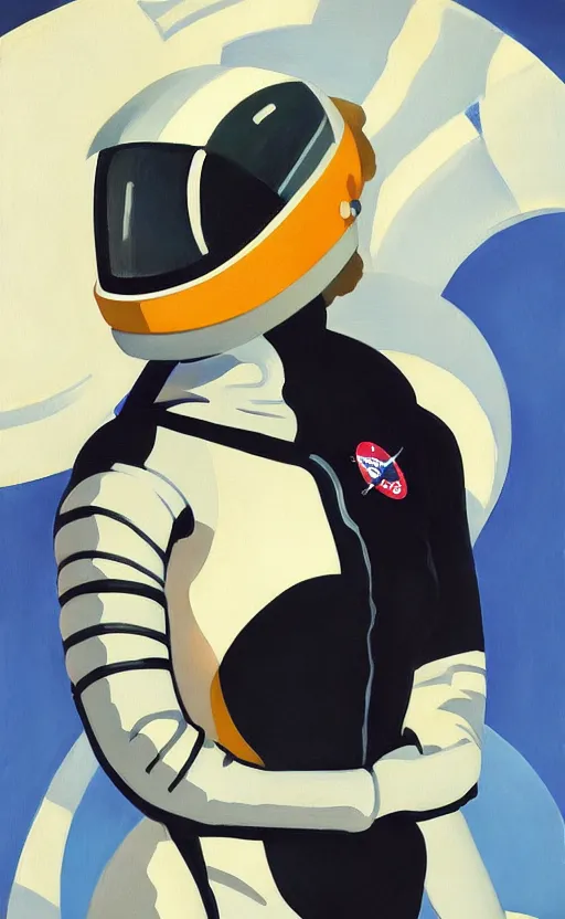 Image similar to Portrait of a woman astronaut with helmet and black latex suit, very coherent, painted by Edward Hopper, painted by James Gilleard, airbrush, art by JamesJean