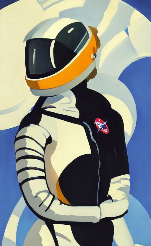 Prompt: Portrait of a woman astronaut with helmet and black latex suit, very coherent, painted by Edward Hopper, painted by James Gilleard, airbrush, art by JamesJean