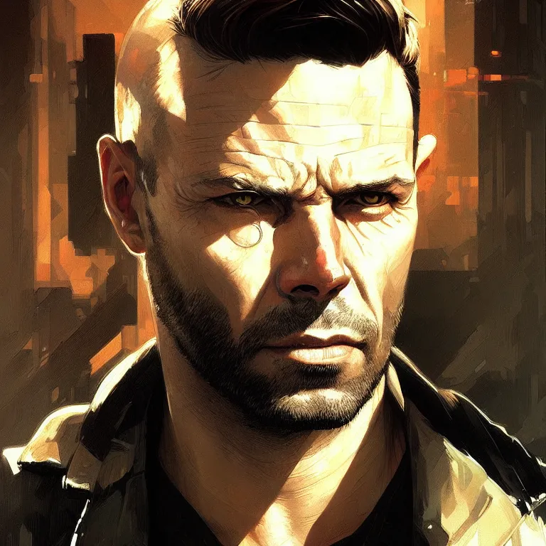 Image similar to Max Payne portrait, sci-fi face, elegant, highly detailed, digital painting, artstation, concept art, smooth, sharp focus, illustration, art by artgerm and greg rutkowski and alphonse mucha