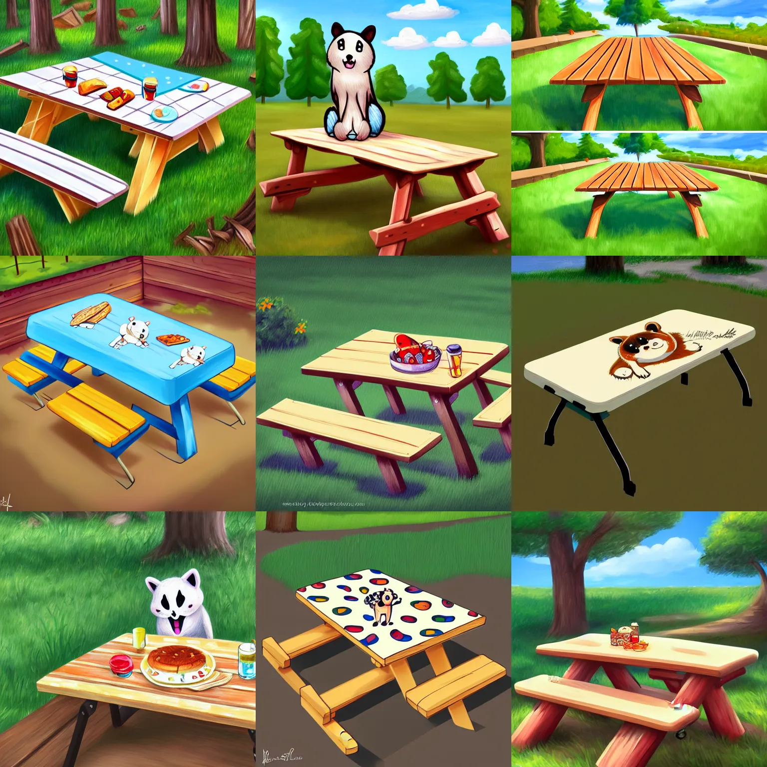 Prompt: a picnic table with a really cute cartoon animal illustration painted onto it, intricate, highly detailed, lifelike, photorealistic, digital painting, artstation, concept art