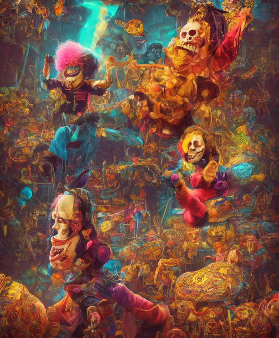 Prompt: welcome to the circus, death Clown, high detail, color tend, deviantart, artstation, octane render, cinematic, hyper realism, 8k, depth of field, artstation, concept art, illustration, vibrant colors, by Tristan Eaton Stanley Artgerm and Tom Bagshaw