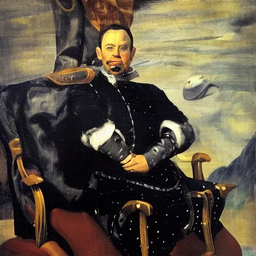 Image similar to a rich business man sitting in a big chair with a smirk, futuristic, sci - fi, by velazquez