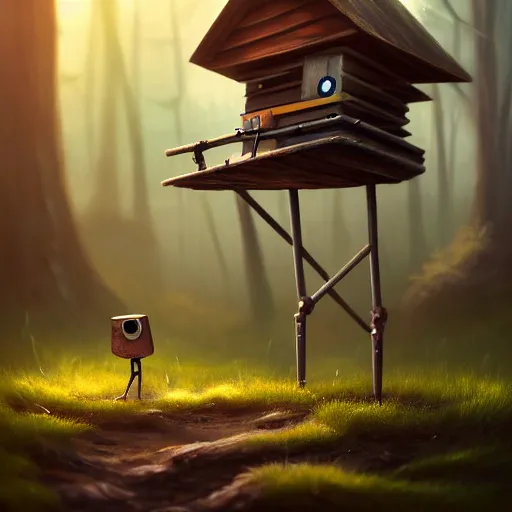 Image similar to a walking wood and metal house with two mechanical legs and two eyes, rust, hyperrealistic, highly detailed, cinematic, single ray of sun, morning, pareidolia, gravity falls style, beautiful, cgssociety, artstation, 8 k, oil painting, digital art