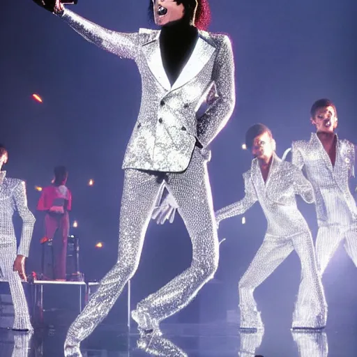 Image similar to thin michael jackson standing on stage live at the indoor o 2 arena wearing a sparkling white diamond outfit with large thin shoulder pads!!!!! doing a concert, multiple flashing lights and colorful spotlights, beautiful photography, cinematic, award - winning photo, highly detailed, this is it