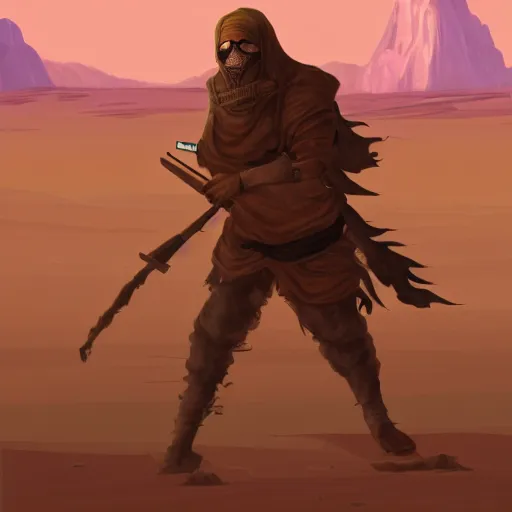 Prompt: A sand pirate wandering the post-apocalyptic desert