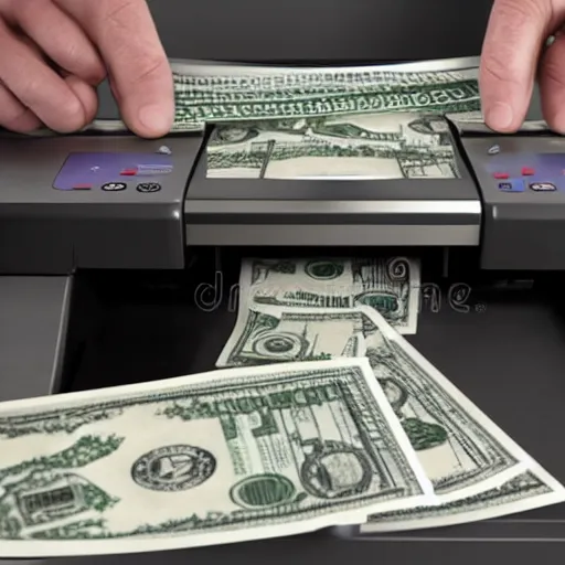 Image similar to money getting printed out by a money printer, stock photo, Realistic, HDR, Clear Image, money printer meme,