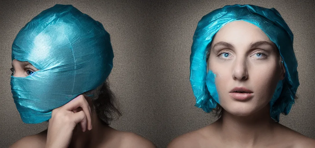 Image similar to a beautiful studio portrait of a head completely wrapped in duct tape except for the hair. against a dark cyan backdrop.