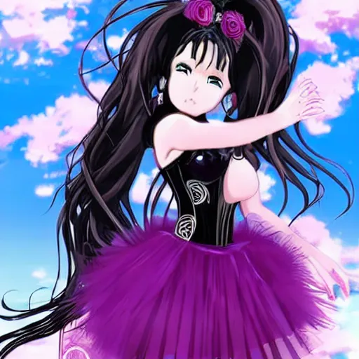 Prompt: a beautiful anime anime anime anime anime anime woman with long black hair, wearing a black corset top and a purple tutu, art by Steve Argyle