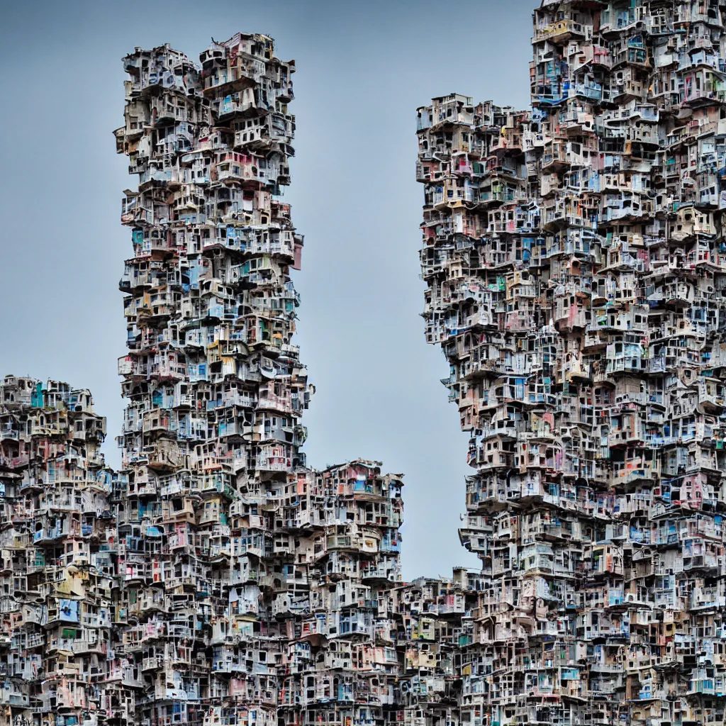 Prompt: close - up towers made up of colourful squatter housing, bleached colours, plain uniform off white sky, dystopia, mamiya, very detailed, ultra sharp, photographed by john chiara