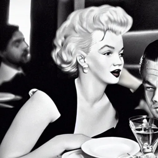 Prompt: leonardo dicaprio and marilyn monroe at a paris restaurant in 2 0 2 2, hyper realistic, ultra detailed, 8 k, cinematic