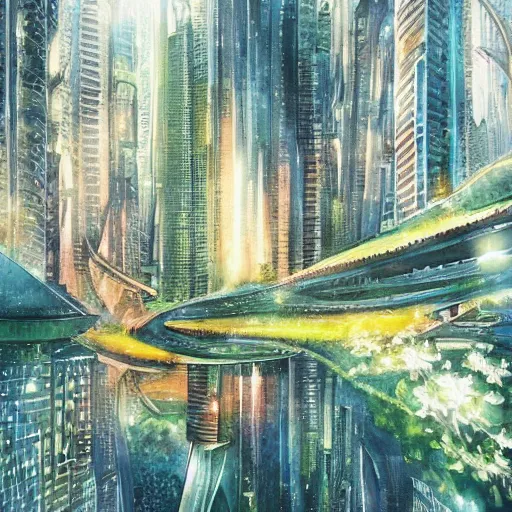 Prompt: Beautiful happy futuristic city in harmony with nature. Nice colour scheme, soft warm colour. Beautiful detailed watercolor by Lurid. (2022)