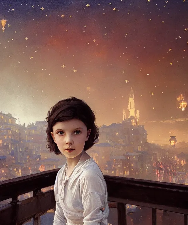 Image similar to a beautiful painting of a girl resembling millie bobby brown standing on a bridge, watching the view from the river of the lantern festival in a an ancient italian town, at night with a sky full of stars, intricate, elegant, highly detailed, digital painting, artstation, concept art, by krenz cushart and artem demura and alphonse mucha