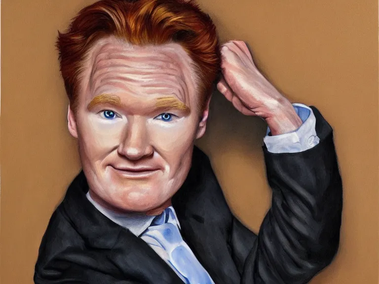 Image similar to portrait of conan o'brien with an hand on his chin, painting by jose malhoa, high detail, high resolution