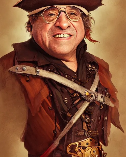 Image similar to portrait of danny devito as a pirate, highly detailed, digital painting, artstation, concept art, sharp focus, illustration, art by artgerm and greg rutkowski and alphonse mucha