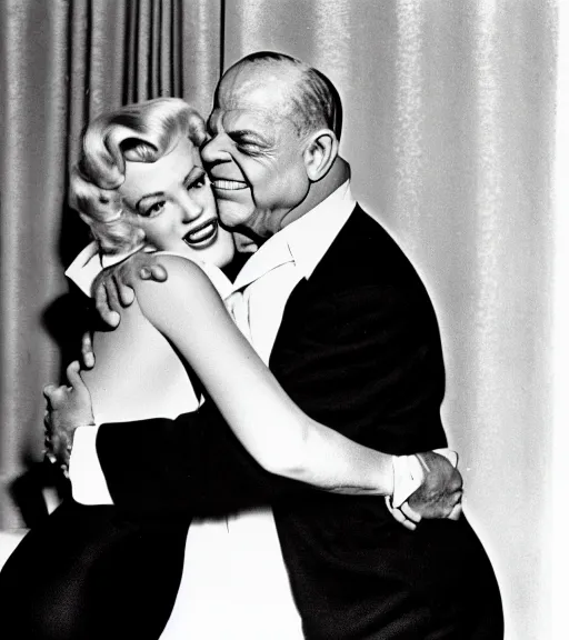 Prompt: young Don Rickles hugging marlin monroe, color photo, highly detailed, real life