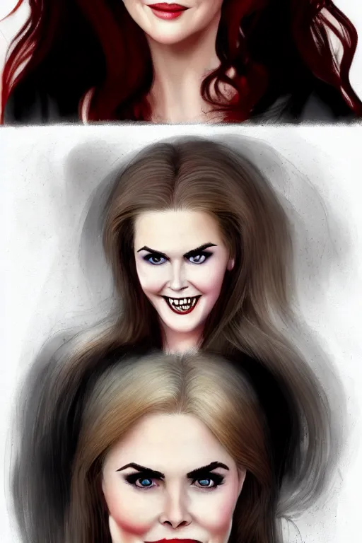 Image similar to mix of beautiful young maria shriver, mariel hemmingway, brooke shields, nicole kidman and elle macpherson as a vampire showing vampire teeth, ready to bite, thin lips, hair tied up in a pony tail, dark blonde hair, colorful, deviantart, artstation, cgsociety