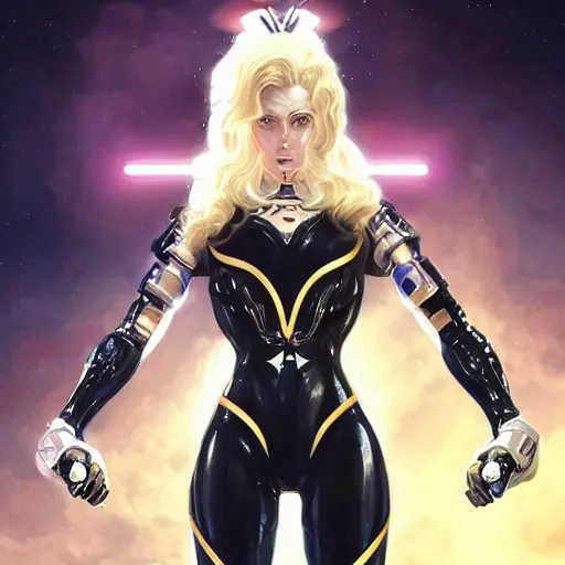 Image similar to genetically augmented super soldier Sailor Moon as a male, pale skin curly blond hair, black latex bodysuit with glowing cybernetics, fantasy, intricate, elegant, highly detailed, digital painting, artstation, concept art, matte, sharp focus, illustration, art by Artgerm and Greg Rutkowski and Alphonse Mucha