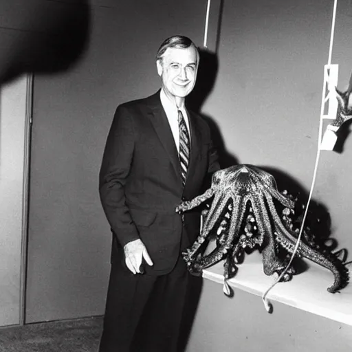 Image similar to mr. rogers proudly displaying his mr. rogers made of octopus, color production backstage photo