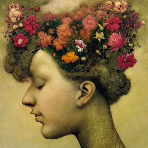 Prompt: beautiful woman's head surrounded by flowers and floating in the sky, by Odd Nerdrum, by Francisco Goya, by M.C. Escher, beautiful, eerie, surreal, colorful