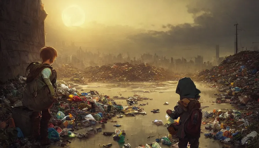 Image similar to poor detailed child with backpack looking for food at garbage dump, city is pure wasteland, moody sunset in background, greg rutkowski, alphonse mucha, trending on artstation, artgerm, unreal engine, breathtaking, award winning, highly detailed