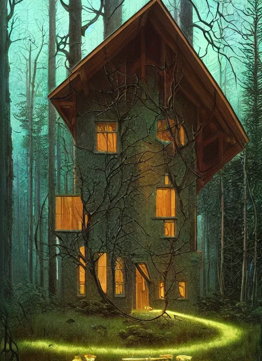 Image similar to hyper realistic witchy modern house with mood lighting and tech in the woods gorgeous lighting, blue sky, highly detailed, lush forest foliage painting by zdzisław beksinski and norman rockwell and greg rutkowski weta studio, and lucasfilm