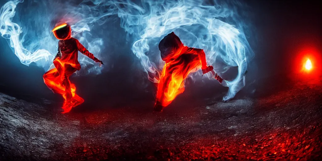 Image similar to fisheye slow motion with trail fire effect of futuristic break dancer wearing long dark cloak and skeleton head emitting fire, long exposure shot , enigmatic, at night in the middle of the arctic with red light A letter, paddle of water, steam, fog, water splashes, rim lights, glossy reflections, water droplets on lens, octane render, Volumetric dynamic lighting, stunning cover magazine, high details, hajime sorayama