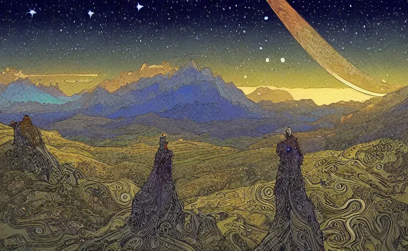 Prompt: mountains, stars and paisley filled sky, artstation, intricate, highly detailed, digital painting, concept art, sharp focus, illustration by Jean Claude Mézières and Ivan Bilibin