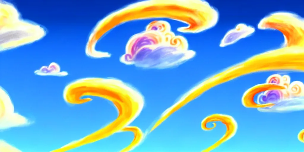 Prompt: cartoon concept art, clean blue sky, spiral clouds, from lorax movie