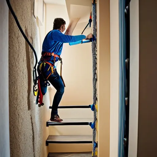 Image similar to A climbing expedition climbing the stairs of a regular apartment building. They are using ropes, pickaxes and other professional climbing gear in order to climb the stairs. Photograph, f/8, room lighting, indoor