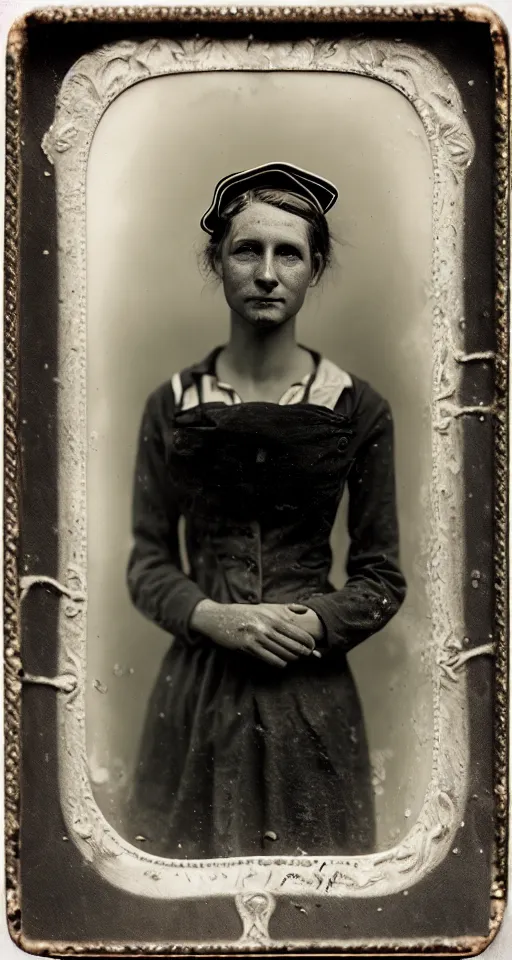 Image similar to a wet plate photograph, a portrait of a beautiful young female nurse