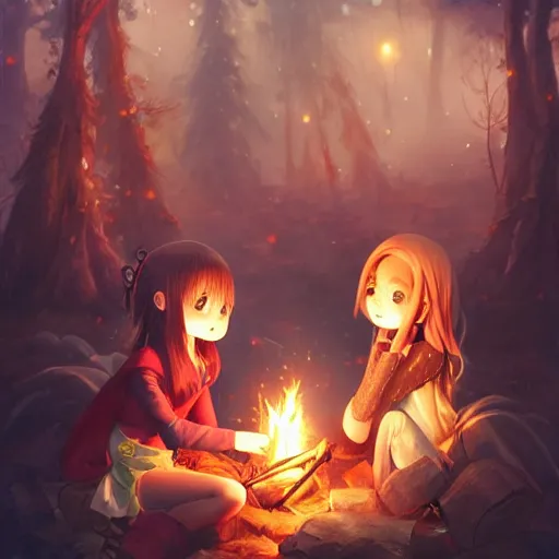 Prompt: very beautiful cute girls sitting around campfire at night, anime, super detailed faces and eyes, trending on artstation, pixiv, hyperdetailed Unreal Engine 4k 8k ultra HD, Stanley Artgerm Lau, WLOP, Rossdraws, James Jean, Marc Simonetti, Sakimichan, illustration, digital art, concept art, manga cover